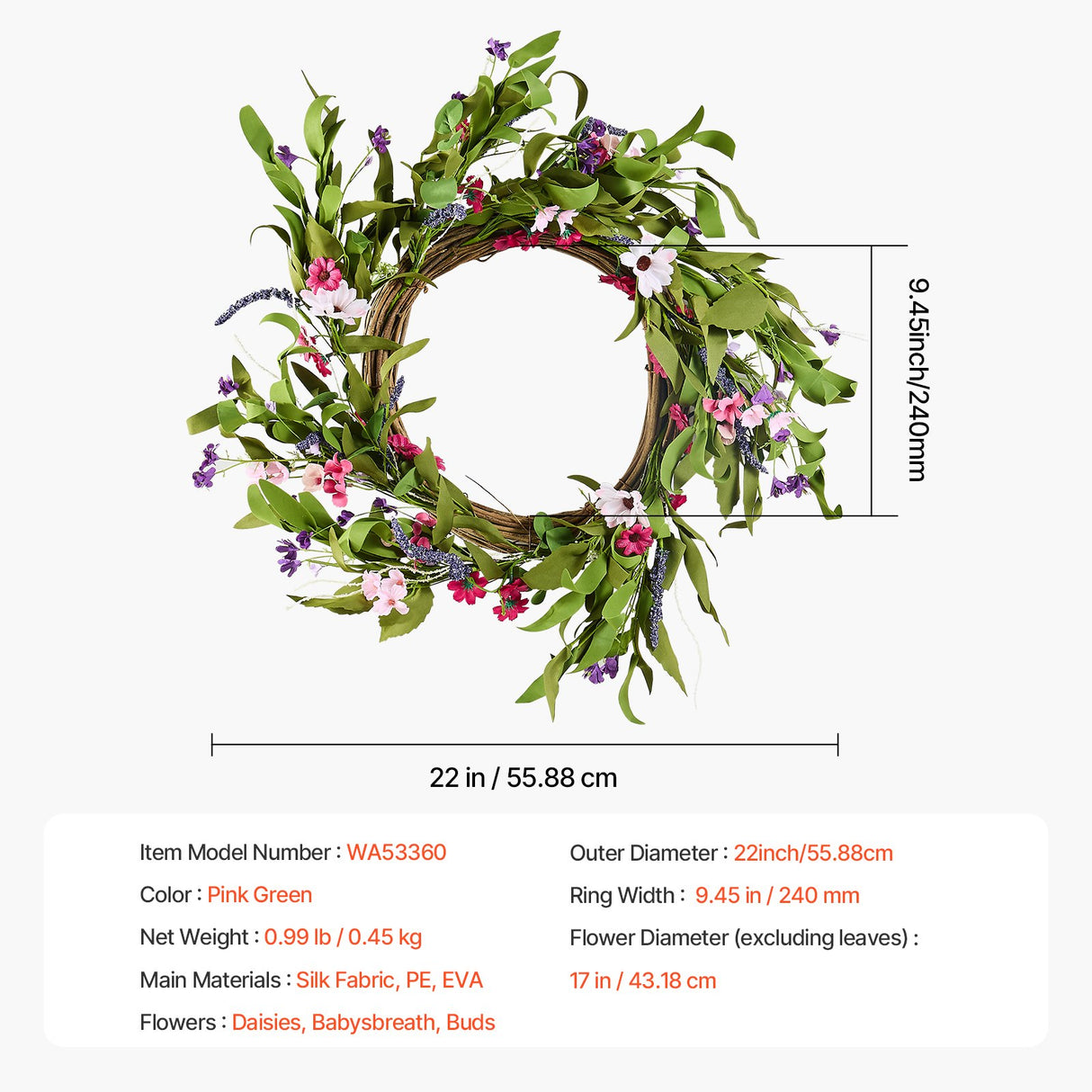 Artificial Decorative Wreath 55.88 cm Pink Green with Daisies Year Round