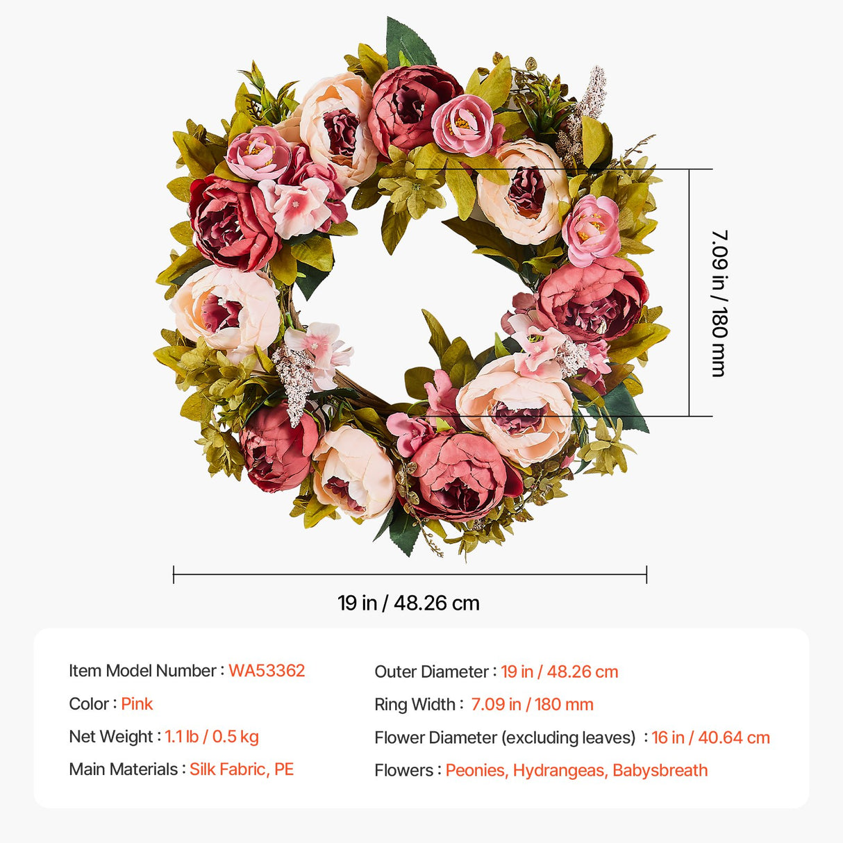 Artificial Decorative Wreath 48.26 cm Pink Peonies Hydrangeas Year Round