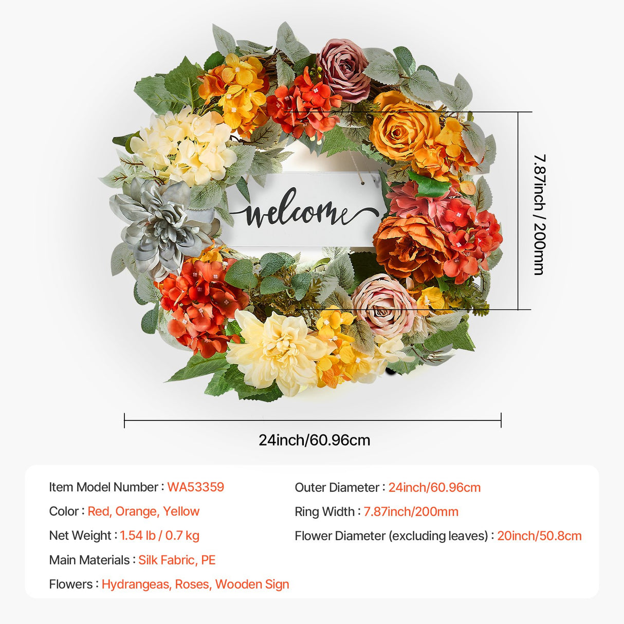 VEVOR Artificial Decorative Wreath 60.96 cm Red Orange Yellow Hydrangeas Roses