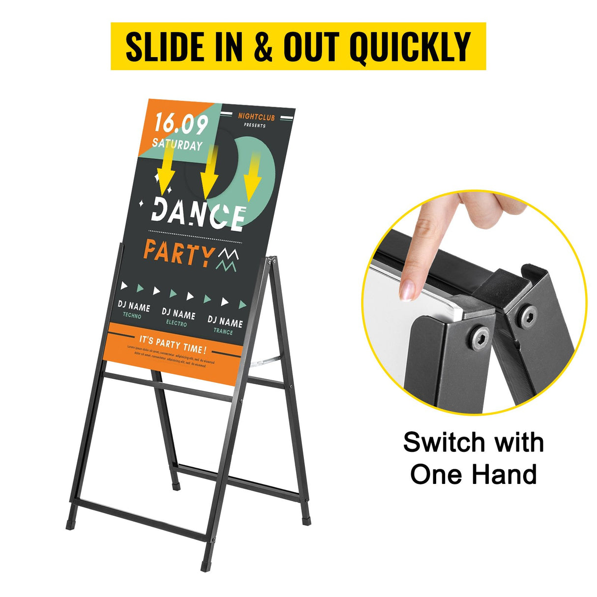 VEVOR A-Frame Sidewalk Sign 24"x36" Sidewalk Signs for Businesses Black Coated Steel Metal A-Frame Sign Slide-in Folding Sandwich Board Sidewalk Sign