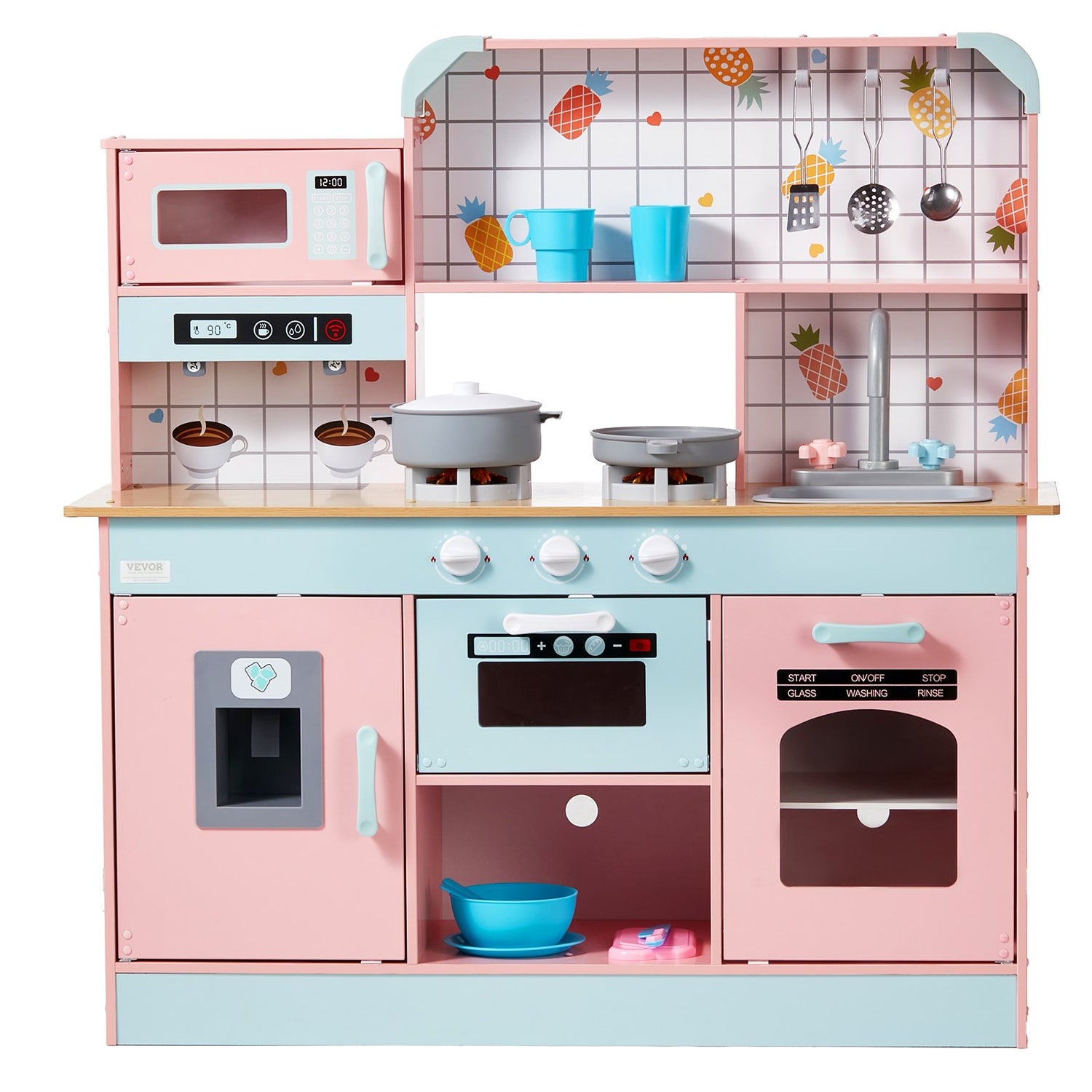 VEVOR Kitchen Playset Kids Pretend Cooking Play Toy 24 Piece Accessories Pink