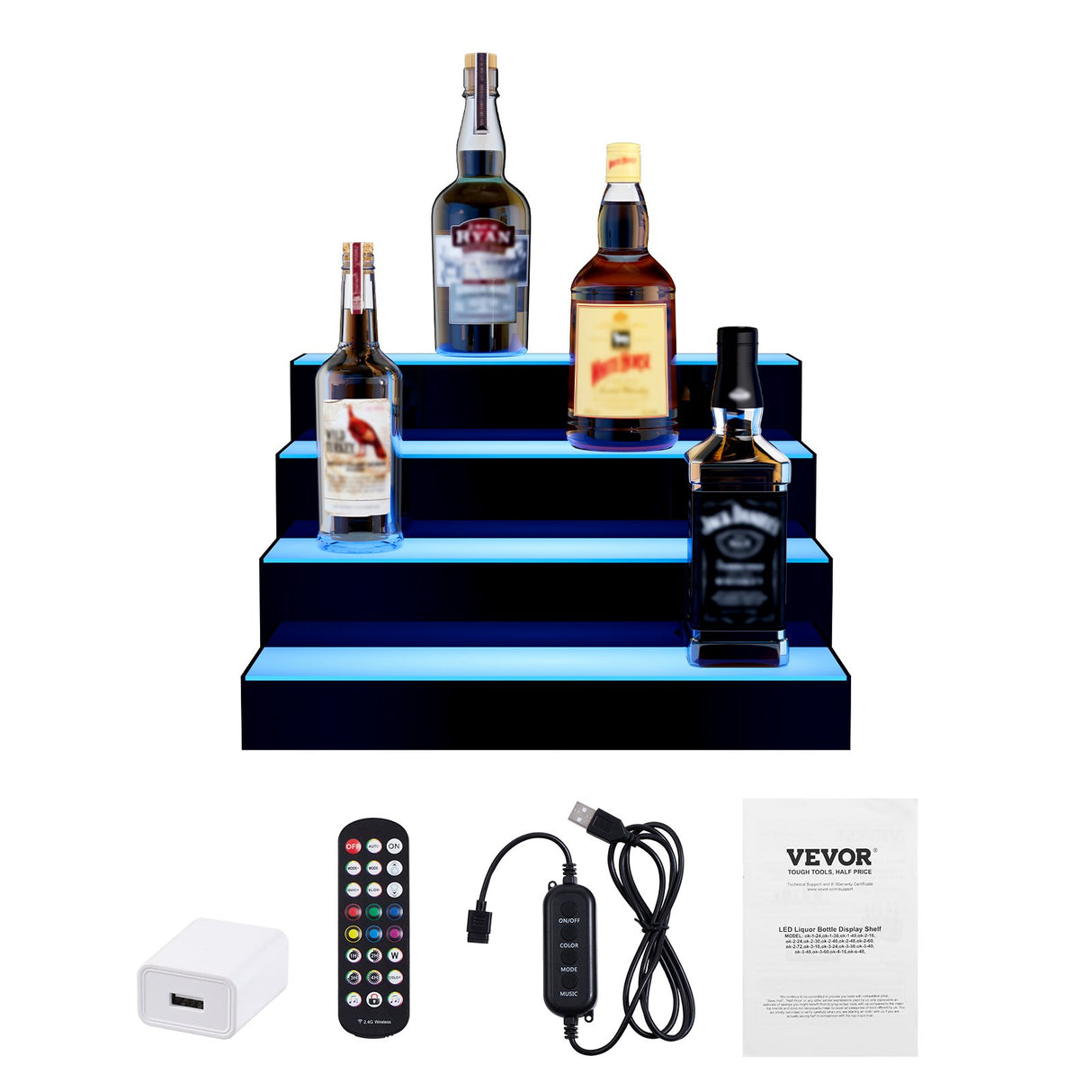 VEVOR LED Lighted Liquor Bottle Display Bar Shelf RF & App Control 406 mm 4-Step