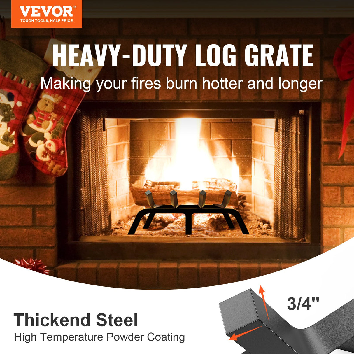 VEVOR Fireplace Log Grate, 18 inch Heavy Duty Fireplace Grate with 6 Support Legs, Solid Powder-coated Steel Bars, Log Firewood Burning Rack Holder for Indoor and Outdoor Fireplace