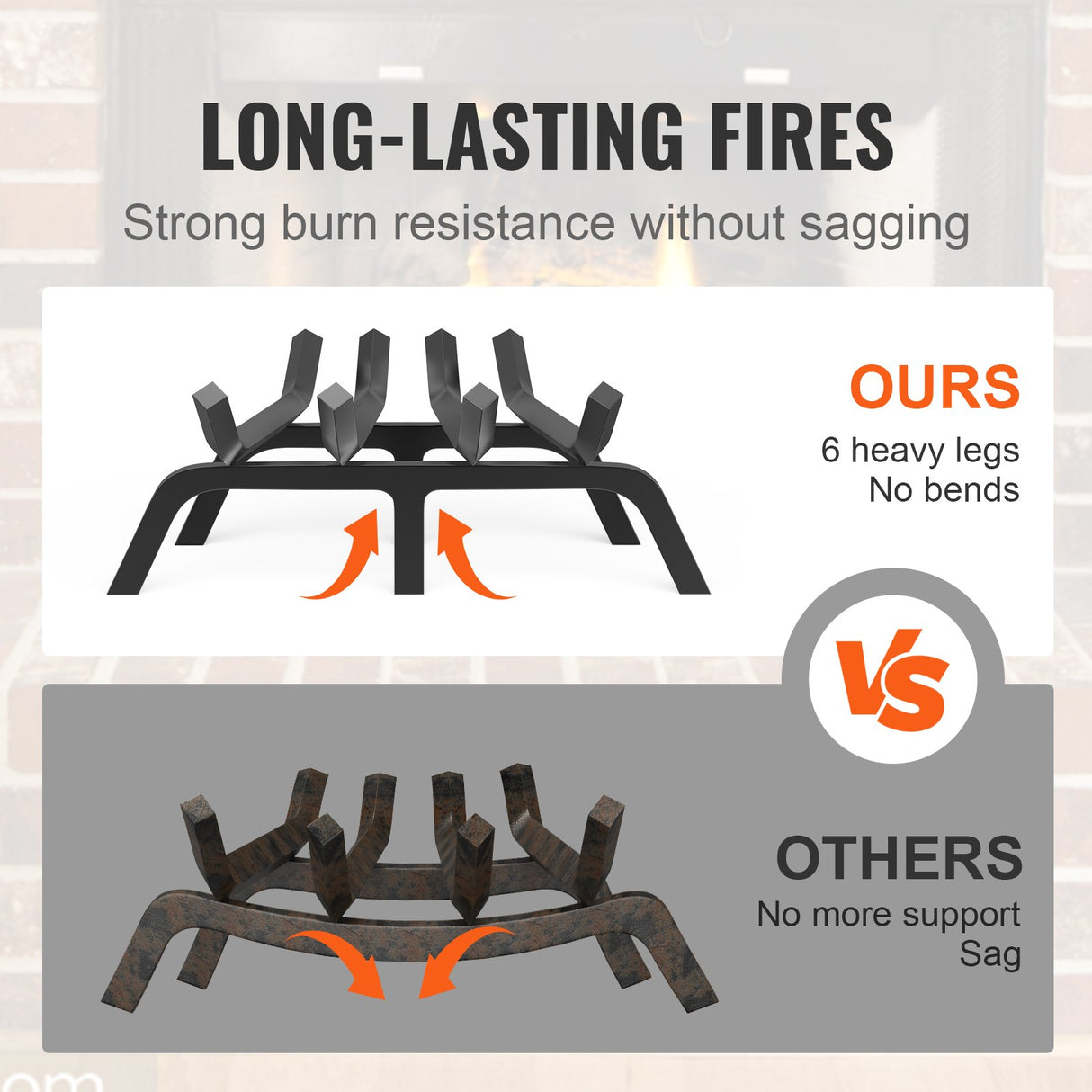 VEVOR Fireplace Log Grate, 18 inch Heavy Duty Fireplace Grate with 6 Support Legs, Solid Powder-coated Steel Bars, Log Firewood Burning Rack Holder for Indoor and Outdoor Fireplace