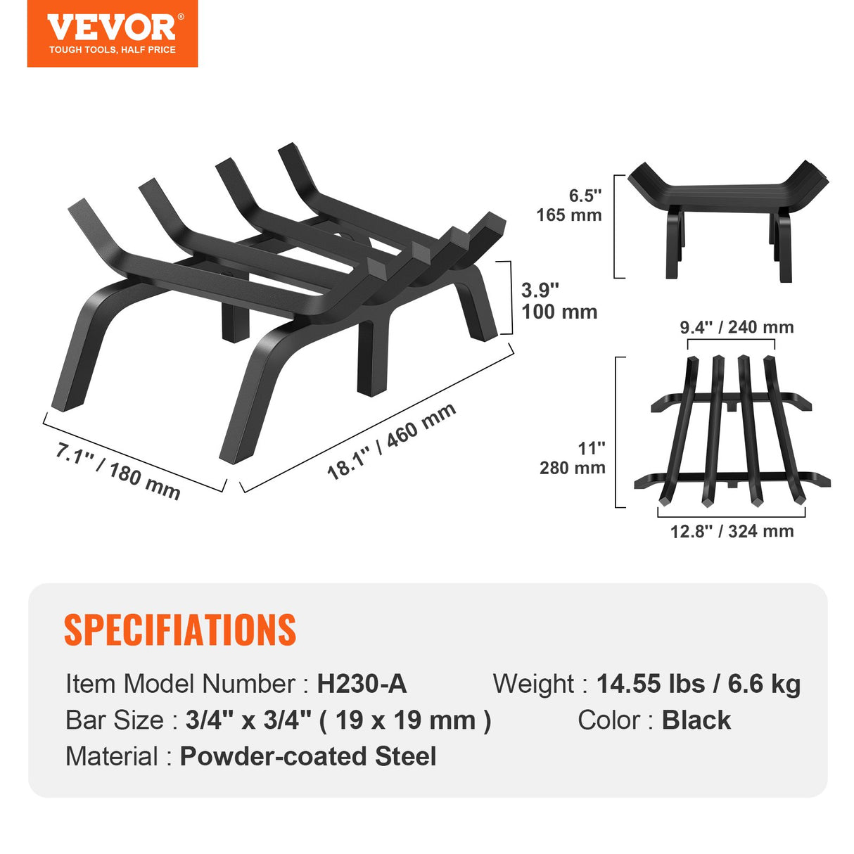 VEVOR Fireplace Log Grate, 18 inch Heavy Duty Fireplace Grate with 6 Support Legs, Solid Powder-coated Steel Bars, Log Firewood Burning Rack Holder for Indoor and Outdoor Fireplace