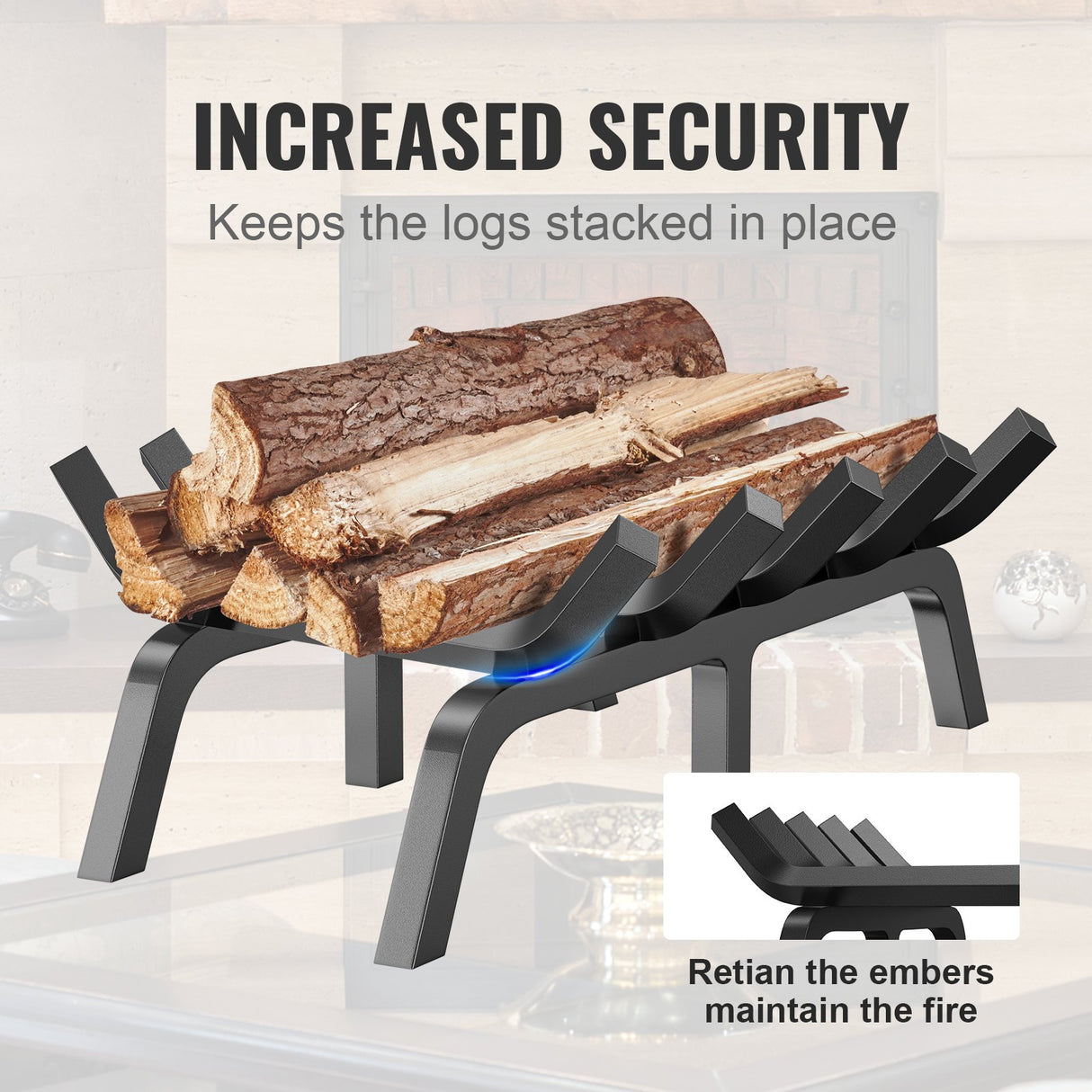 Fireplace Log Grate, 533.4mm Heavy Duty Fireplace Grate with 6 Support Legs, 19.05mm Solid Powder-coated Steel Bars, Log Firewood Burning Rack Holder for Indoor and Outdoor Fireplace