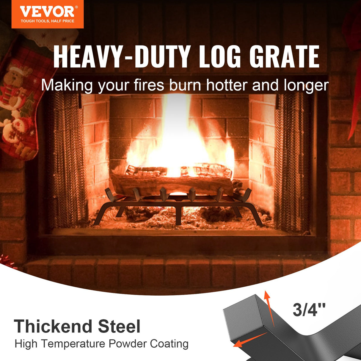 VEVOR Fireplace Log Grate, 685.8mm Heavy Duty Fireplace Grate with 6 Support Legs, 19.05mm Solid Powder-coated Steel Bars, Log Firewood Burning Rack Holder for Indoor and Outdoor Fireplace