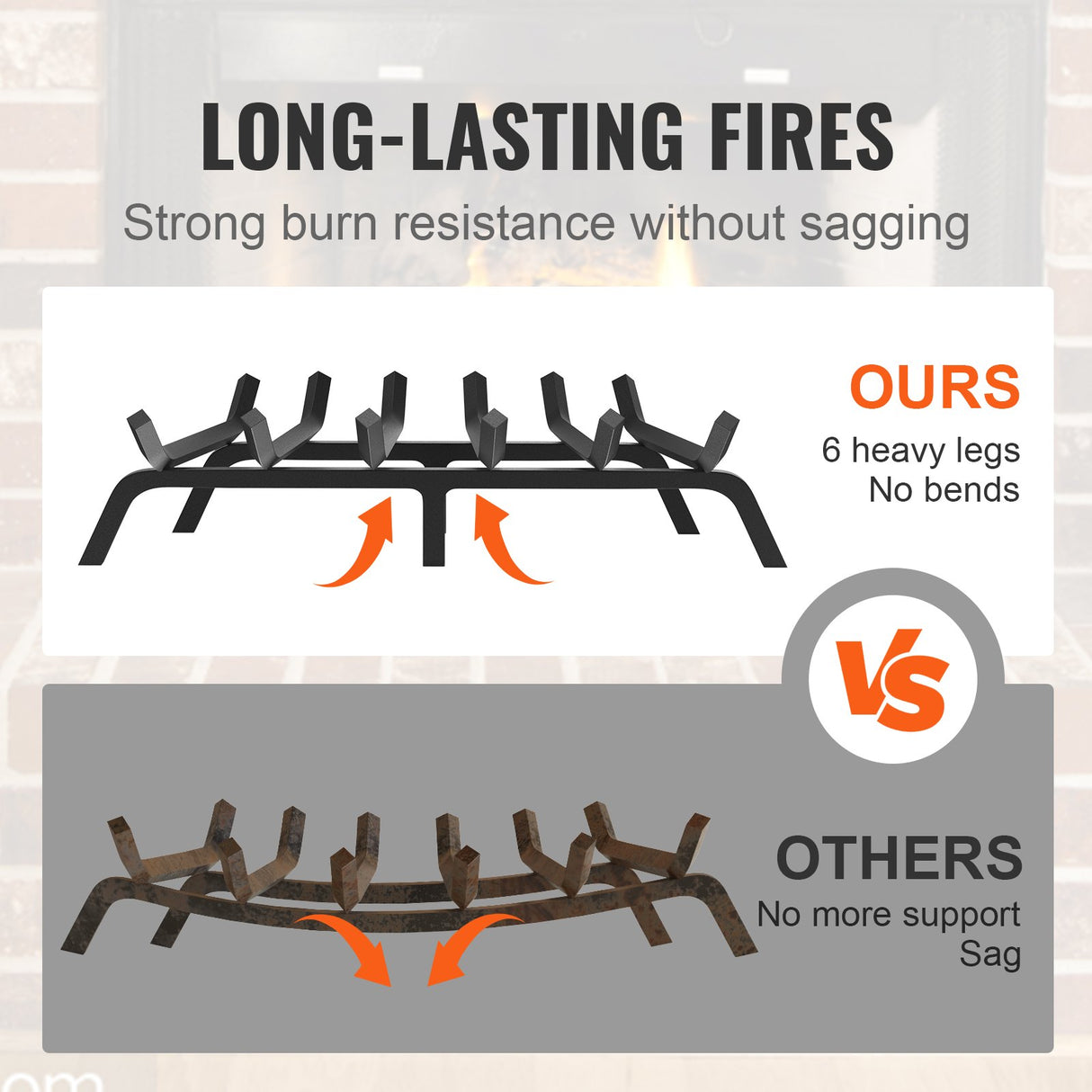 Fireplace Log Grate, 685.8mm Heavy Duty Fireplace Grate with 6 Support Legs, 19.05mm Solid Powder-coated Steel Bars, Log Firewood Burning Rack Holder for Indoor and Outdoor Fireplace