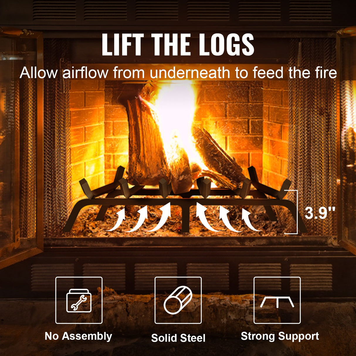 VEVOR Fireplace Log Grate, 685.8mm Heavy Duty Fireplace Grate with 6 Support Legs, 19.05mm Solid Powder-coated Steel Bars, Log Firewood Burning Rack Holder for Indoor and Outdoor Fireplace