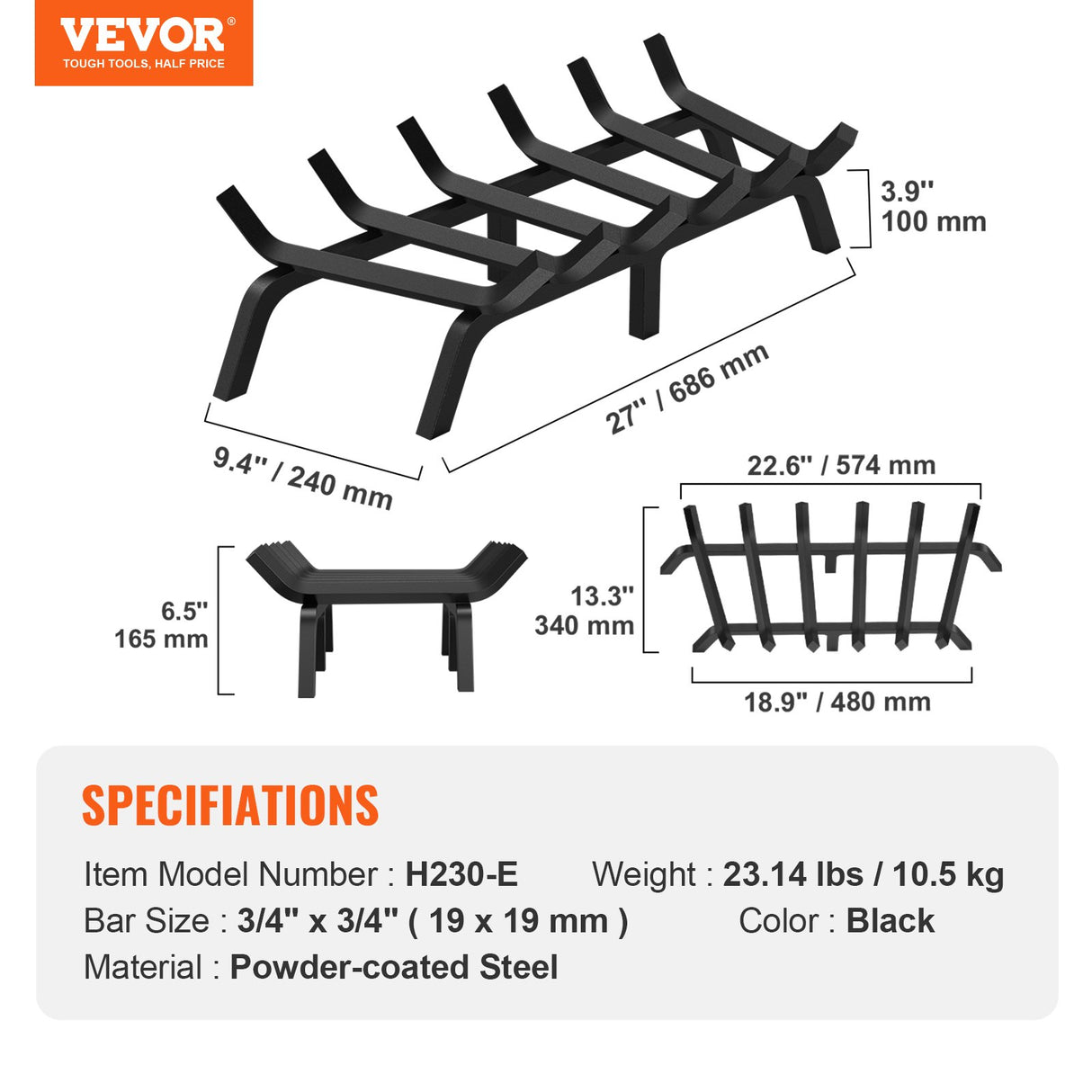 Fireplace Log Grate, 685.8mm Heavy Duty Fireplace Grate with 6 Support Legs, 19.05mm Solid Powder-coated Steel Bars, Log Firewood Burning Rack Holder for Indoor and Outdoor Fireplace