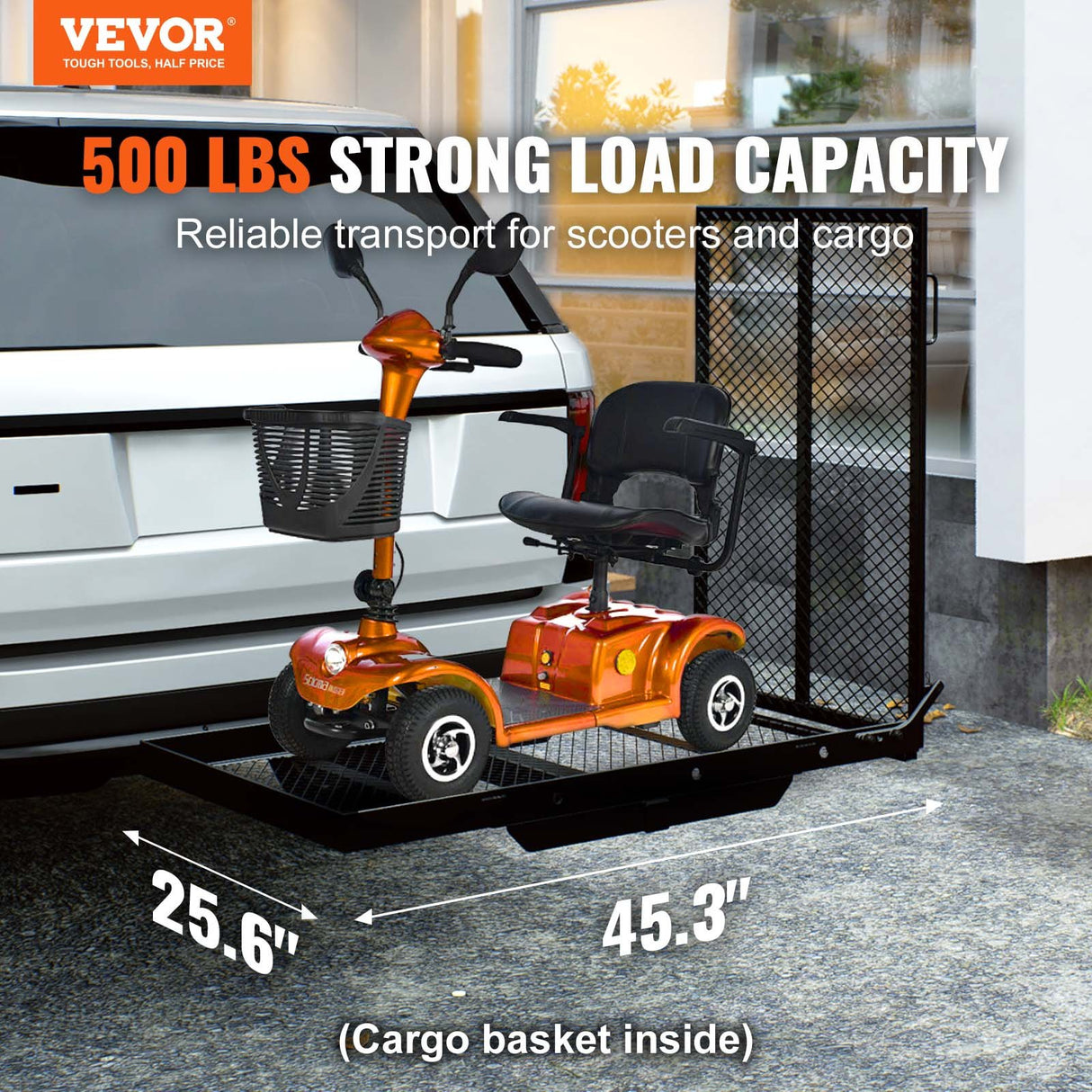 VEVOR Hitch Mount Wheelchair Carrier 45.3" x 25.6", 500LBS Mobility Scooter Carrier with Folding Ramp, Iron Trailer Hitch Rack Basket with Stabilizer, Straps, Fit 2" Hitch Receiver for SUV Van Car