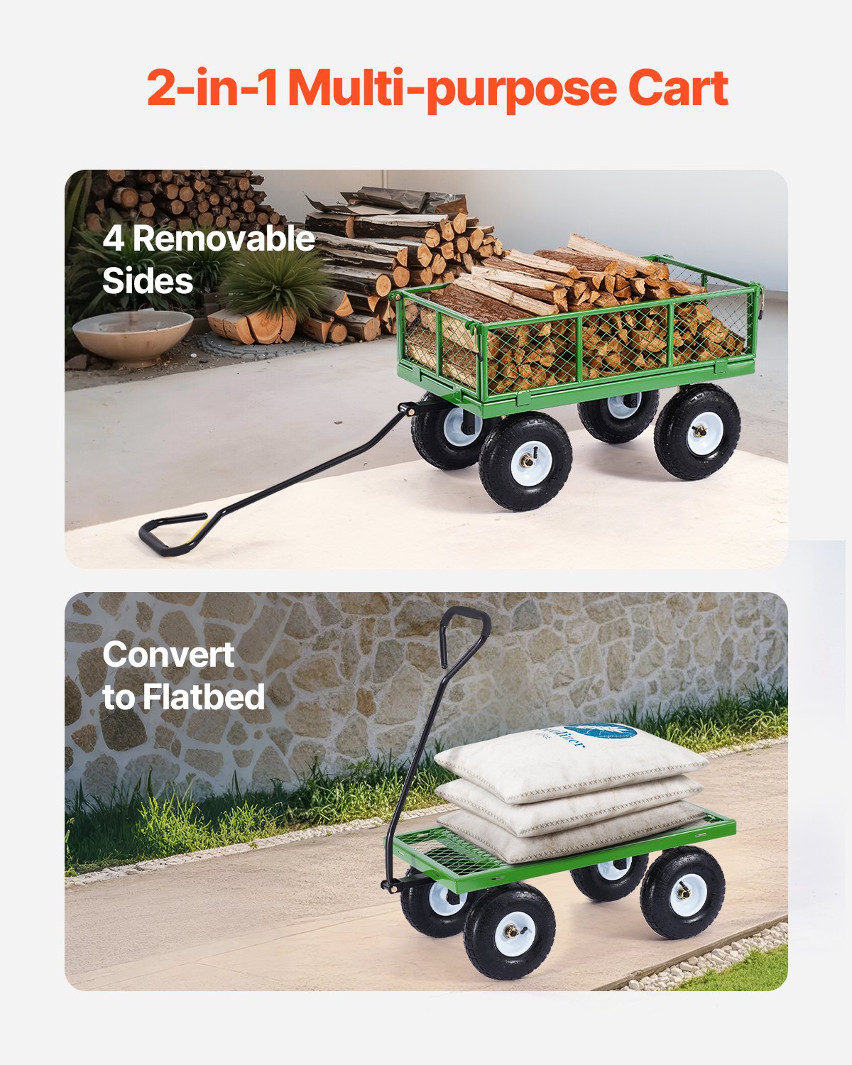 680 Lbs Steel Garden Cart on Wheels, Heavy Duty Garden Wagon Cart Pullable, Metal Outdoor Utility Yard Wagon Carts with 10" Tires, Mesh Removable Sides and 180°Rotating Handle