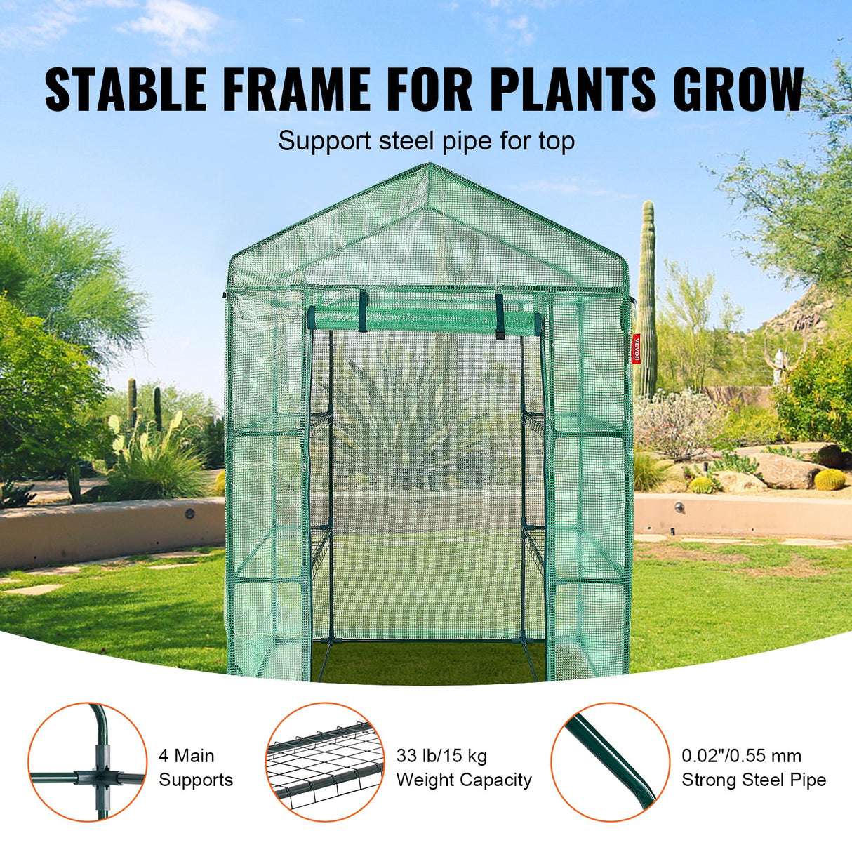 VEVOR Walk-in Green House, 4.6 x 2.4 x 6.7 ft Greenhouse with Shelves, Set Up in Minutes, High Strength PE Cover with Doors & Windows and Steel Frame, Suitable for Planting and Storage, Green