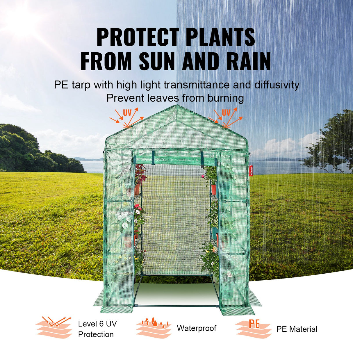 VEVOR Walk-in Green House, 4.6 x 2.4 x 6.7 ft Greenhouse with Shelves, Set Up in Minutes, High Strength PE Cover with Doors & Windows and Steel Frame, Suitable for Planting and Storage, Green