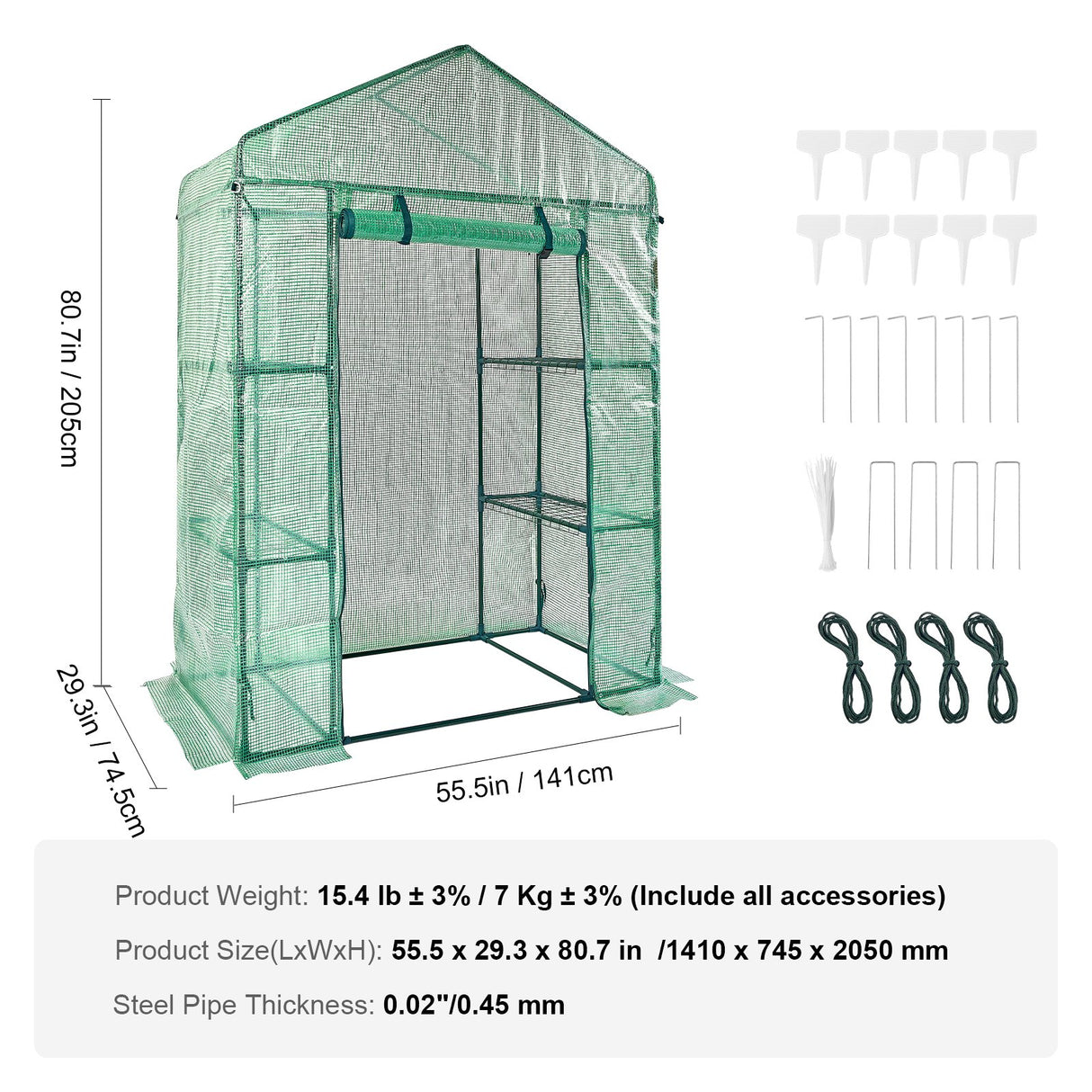 VEVOR Walk-in Green House, 4.6 x 2.4 x 6.7 ft Greenhouse with Shelves, Set Up in Minutes, High Strength PE Cover with Doors & Windows and Steel Frame, Suitable for Planting and Storage, Green