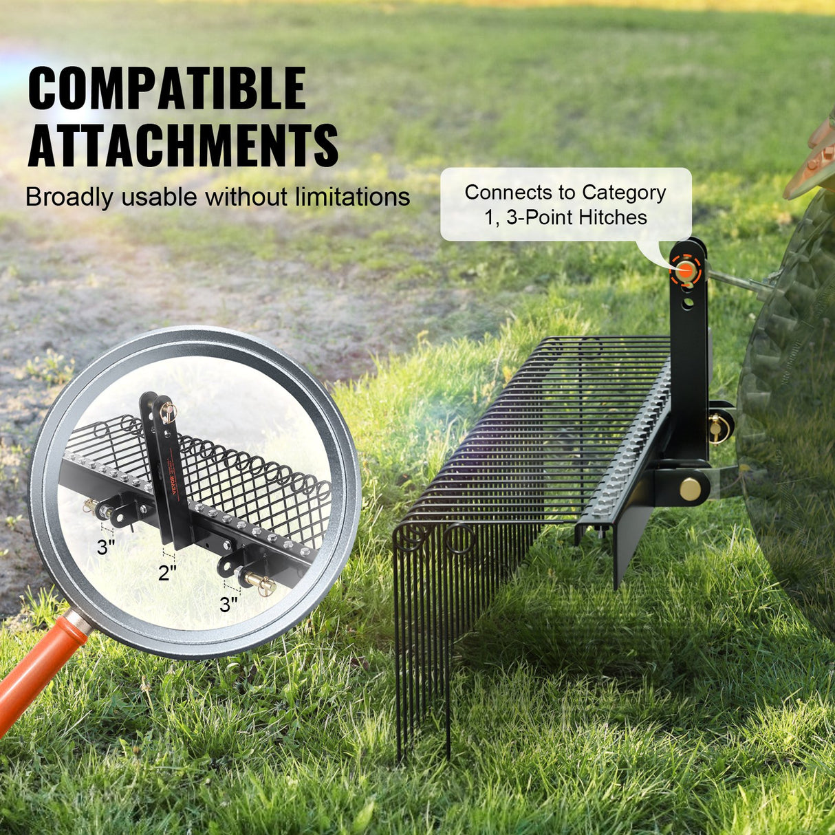 VEVOR Tow Behind Landscape Rake, 1.8m Tow Dethatcher with 32 Steel Tines, Lawn Dethatcher Rake Attaches to Category 1, 3 Point Hitch for Tractor, for Leaves, Pine Needles, Straw, and Grass