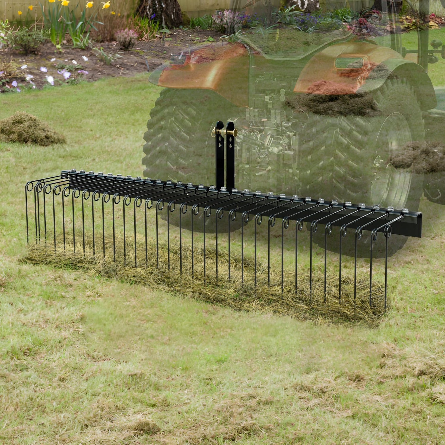 VEVOR Tow Behind Landscape Rake, 1.8m Tow Dethatcher with 32 Steel Tines, Lawn Dethatcher Rake Attaches to Category 1, 3 Point Hitch for Tractor, for Leaves, Pine Needles, Straw, and Grass