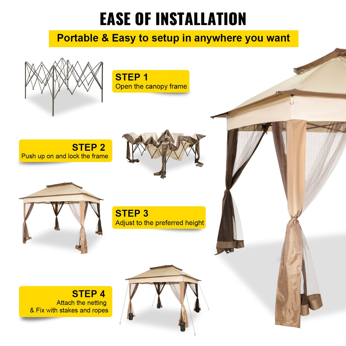 Outdoor Canopy Gazebo Tent, Portable Canopy Shelter with 11\'x11\' Large Shade Space for Party, Backyard, Patio Lawn and Garden, 4 Sandbags, Carrying Bag and Netting Included, Brown