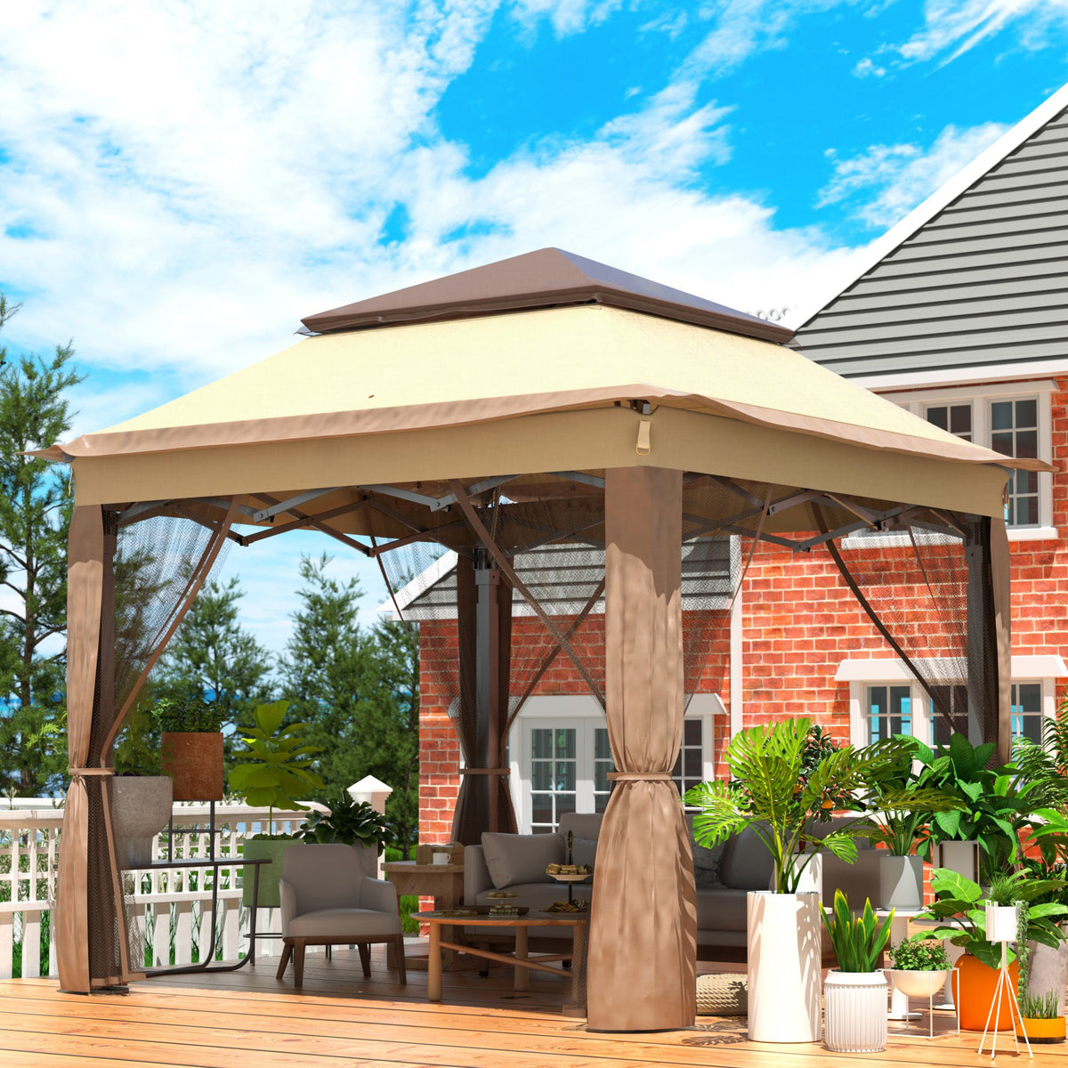 Outdoor Canopy Gazebo Tent, Portable Canopy Shelter with 11\'x11\' Large Shade Space for Party, Backyard, Patio Lawn and Garden, 4 Sandbags, Carrying Bag and Netting Included, Brown