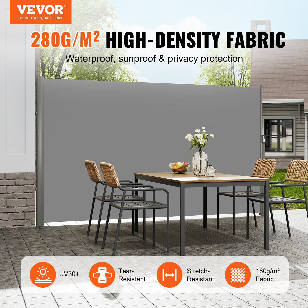 Retractable Side Awning, 160X300m Aluminum Outdoor Privacy Screen, 280g Polyester Water-proof Retractable Patio Screen, UV 30+ Room Divider Wind Screen for Patio, Backyard, Balcony, Gray