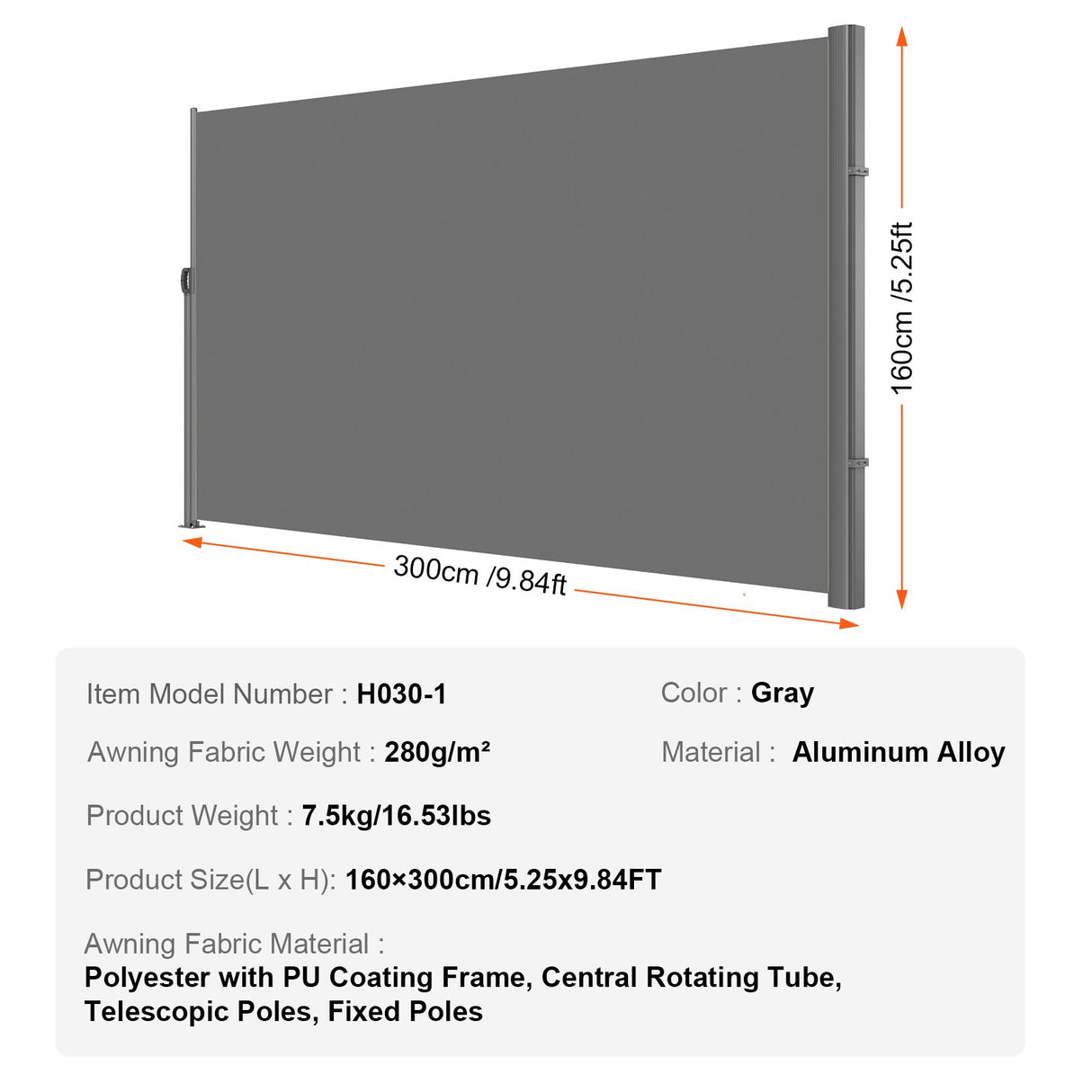 Retractable Side Awning, 160X300m Aluminum Outdoor Privacy Screen, 280g Polyester Water-proof Retractable Patio Screen, UV 30+ Room Divider Wind Screen for Patio, Backyard, Balcony, Gray