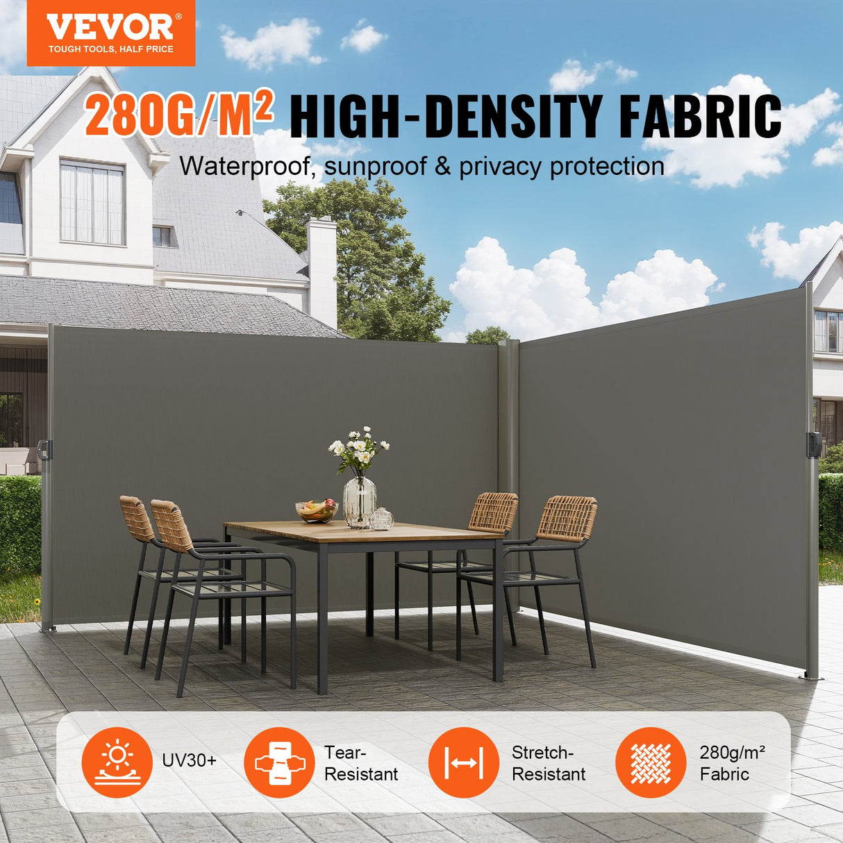 VEVOR Retractable Side Awning, 160X600cm Aluminum Outdoor Privacy Screen, 280g Polyester Water-proof Retractable Patio Screen, UV 30+ Room Divider Wind Screen for Patio, Backyard, Balcony, Gray