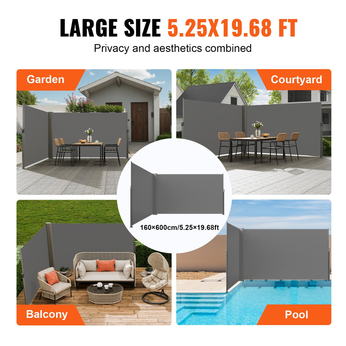 VEVOR Retractable Side Awning, 160X600cm Aluminum Outdoor Privacy Screen, 280g Polyester Water-proof Retractable Patio Screen, UV 30+ Room Divider