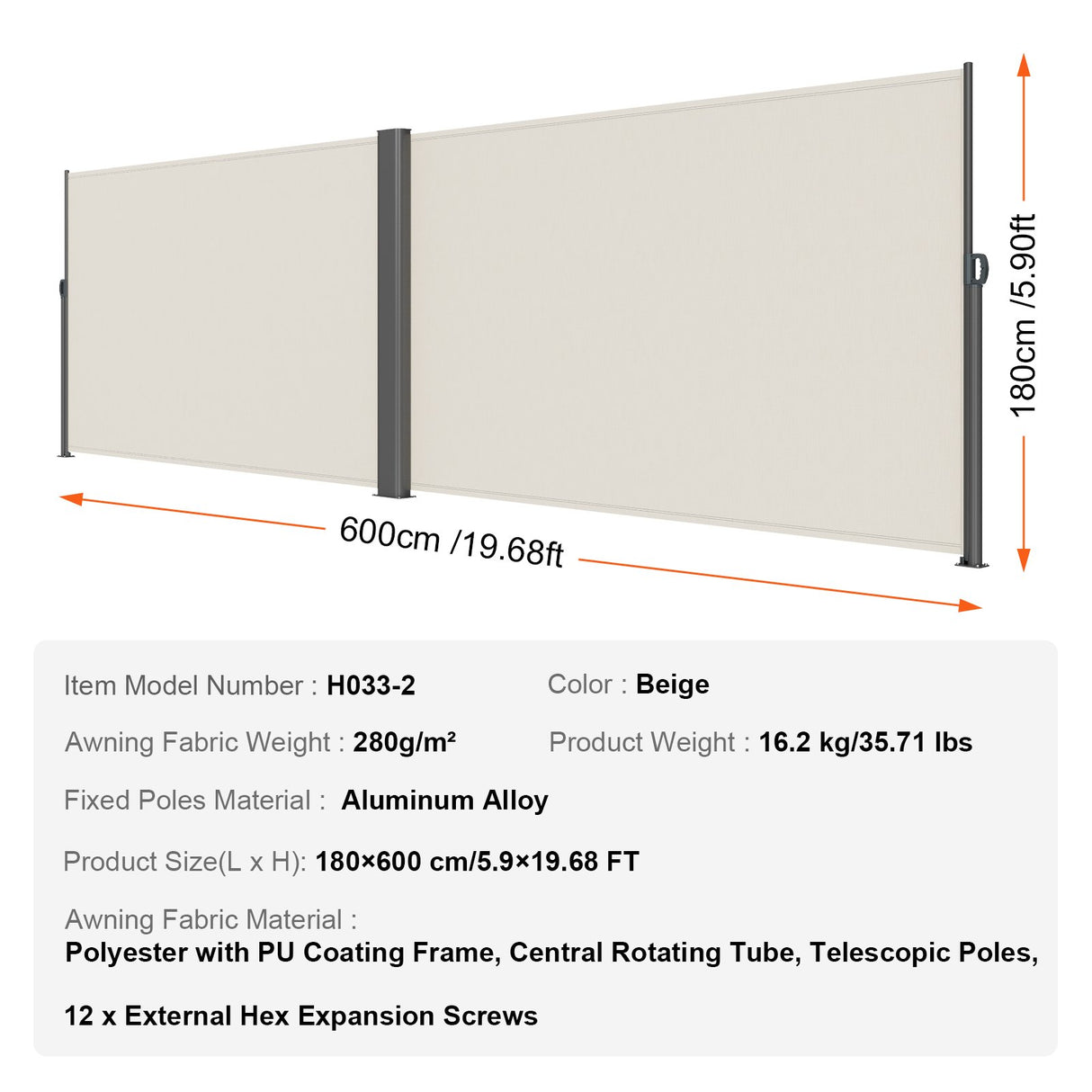 Retractable Side Awning, 180X600cm Aluminum Outdoor Privacy Screen, 280g Polyester Water-proof Retractable Patio Screen, UV 30+ Room Divider Wind Screen for Patio, Backyard, Balcony, Beige