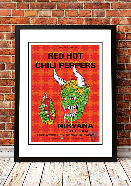 Red Hot Chili Peppers / Nirvana / Pearl Jam ‘Cow Palace’ USA Concert Poster 1991 - Framed A4