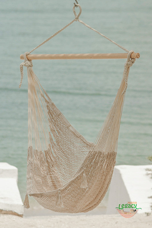 Extra Spacious Cream-Colored Cotton Mexican Hammock Chair with Back Support