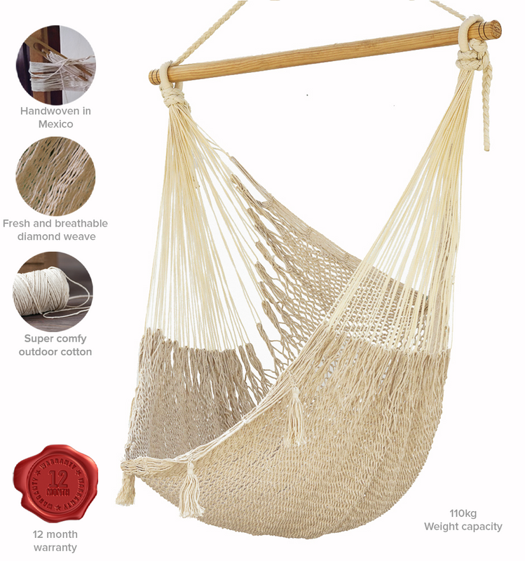 Extra Spacious Cream-Colored Cotton Mexican Hammock Chair with Back Support