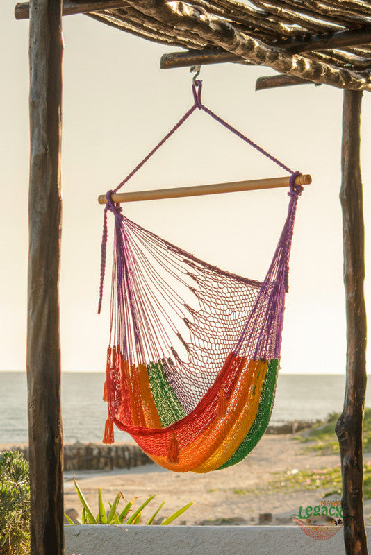 Extra Large Rainbow Cotton Hammock Chair with Back Support for Outdoor Relaxation