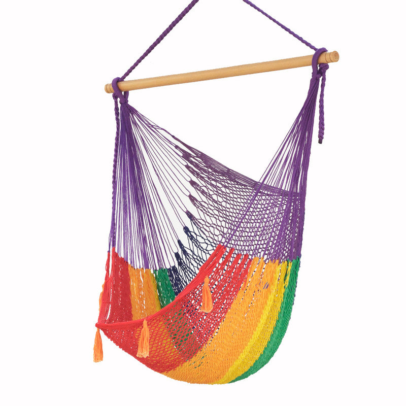 Extra Large Rainbow Cotton Hammock Chair with Back Support for Outdoor Relaxation