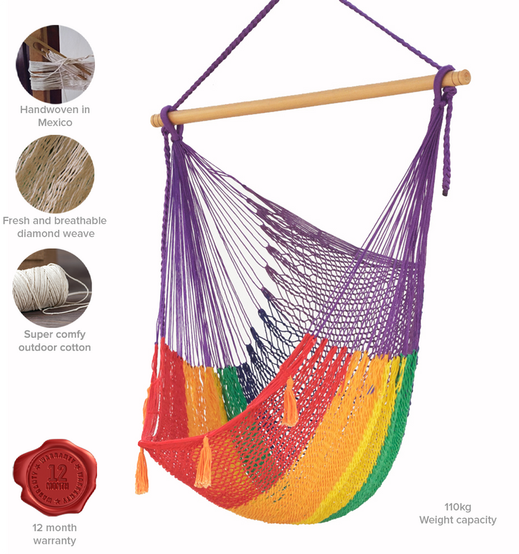 Extra Large Rainbow Cotton Hammock Chair with Back Support for Outdoor Relaxation