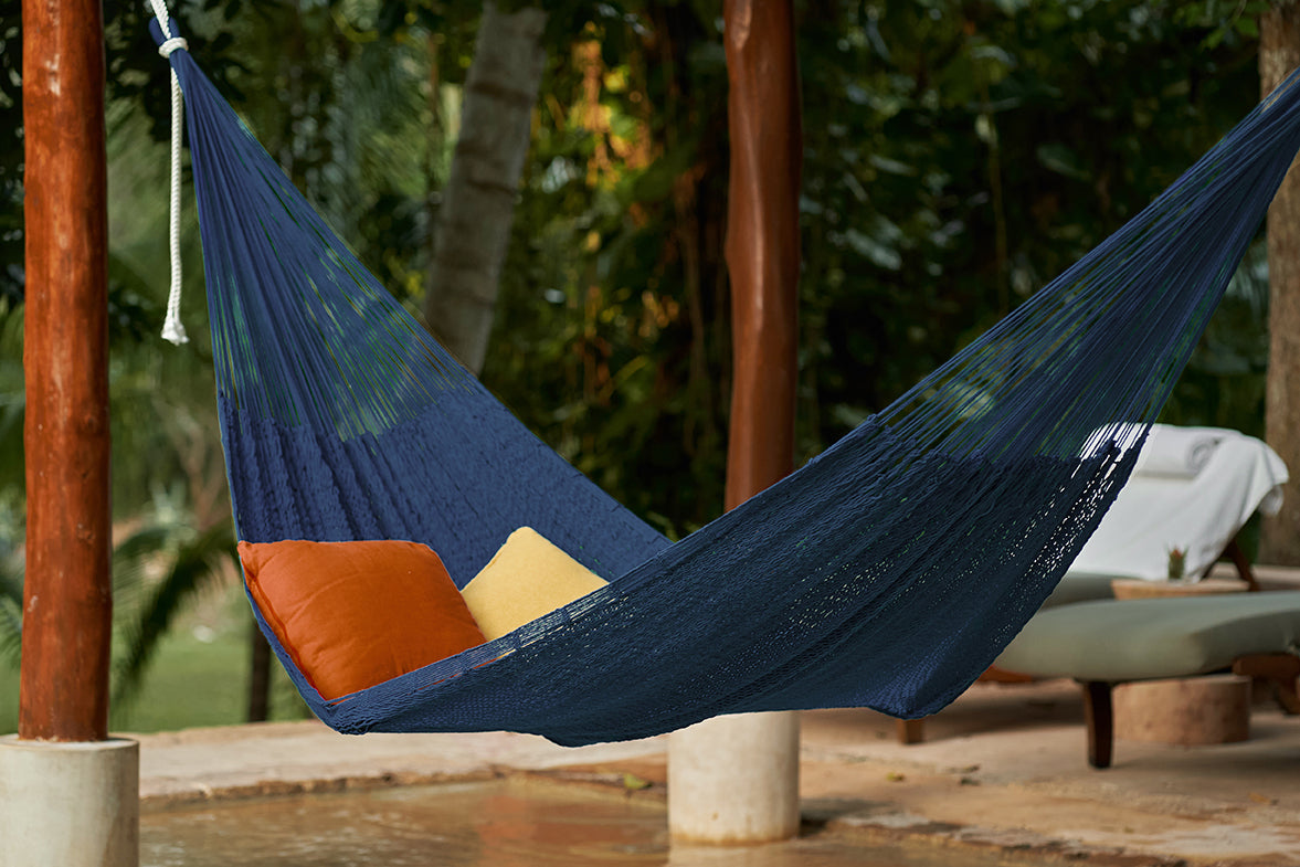 King Size Outdoor Cotton Mayan Hammock in Blue - Supports Up to 3 Adults