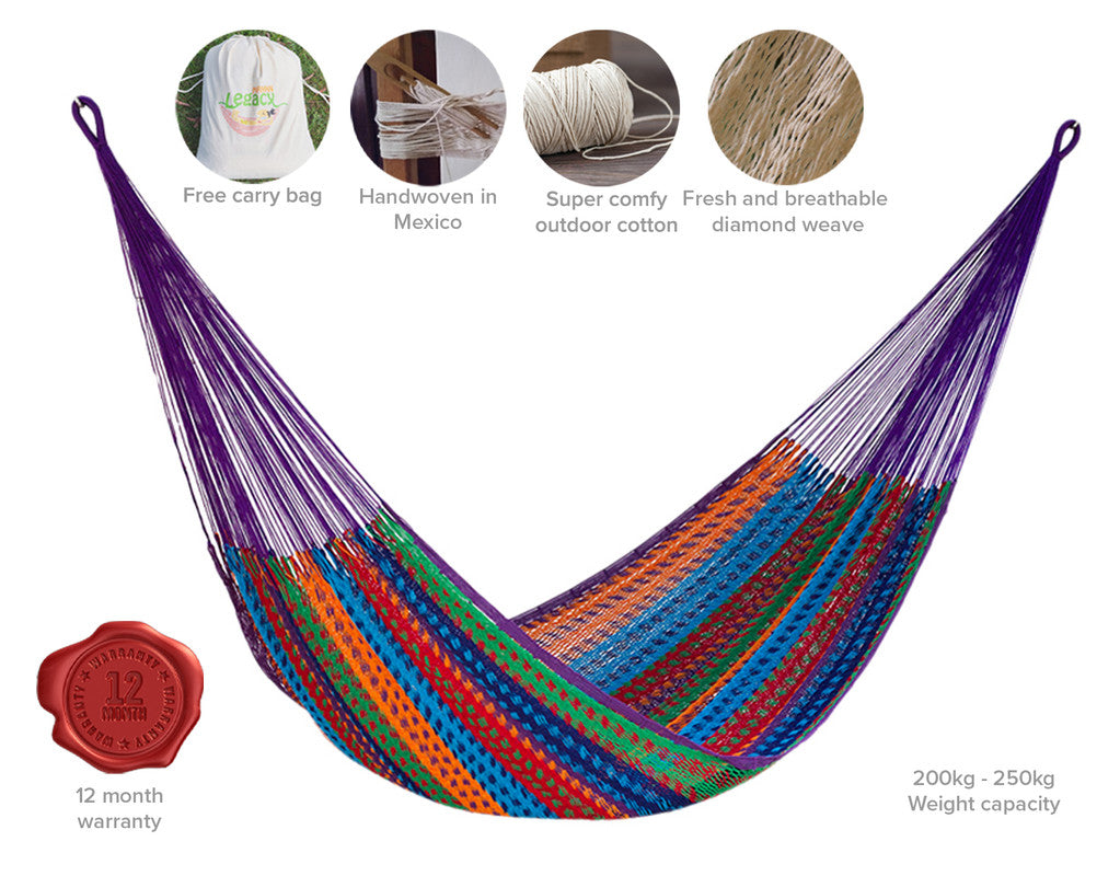 King Size Colorina Mayan Legacy Outdoor Cotton Hammock - Pet and Child Friendly, Weather Resistant, Free Carry Bag Included
