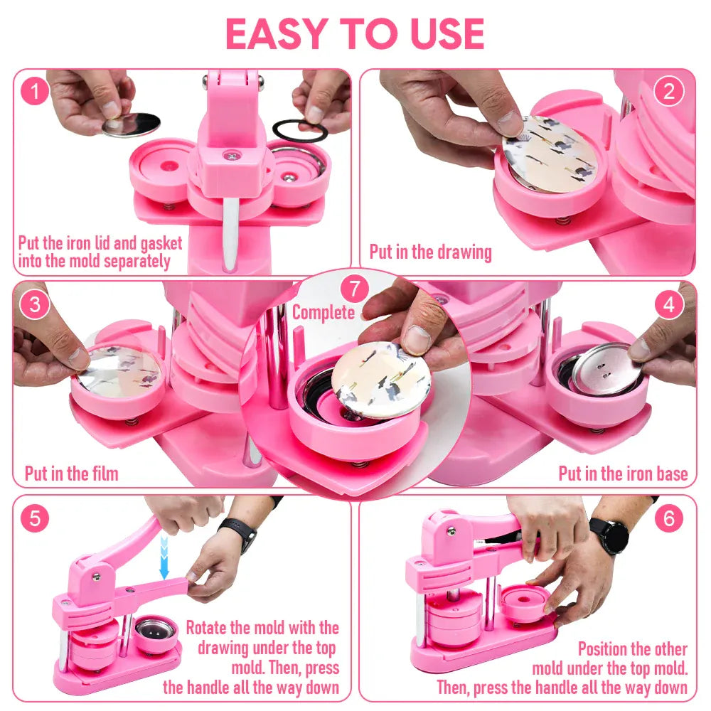 58mm Button Maker Machine DIY Badge Making Pin Press Machine with All-Inclusive Accessories for Custom Pin Badges Mirrors Fridge Magnets Gift Set Pink