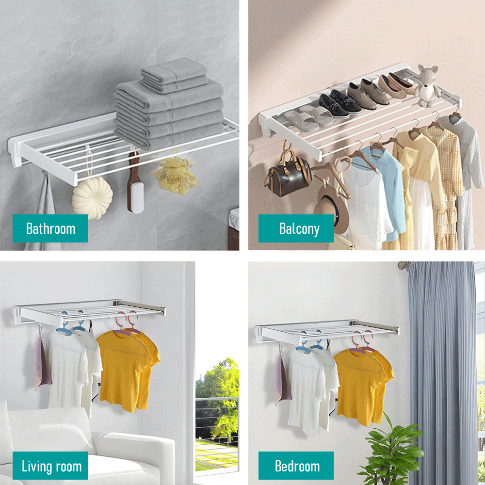 Alston Wall Mounted Drying Rack Clothes Airer Space Saver Folding Dryer Bearing Capacity 12KG Foldable Rail With Hooks Indoor Outdoor Balcony Laundry White