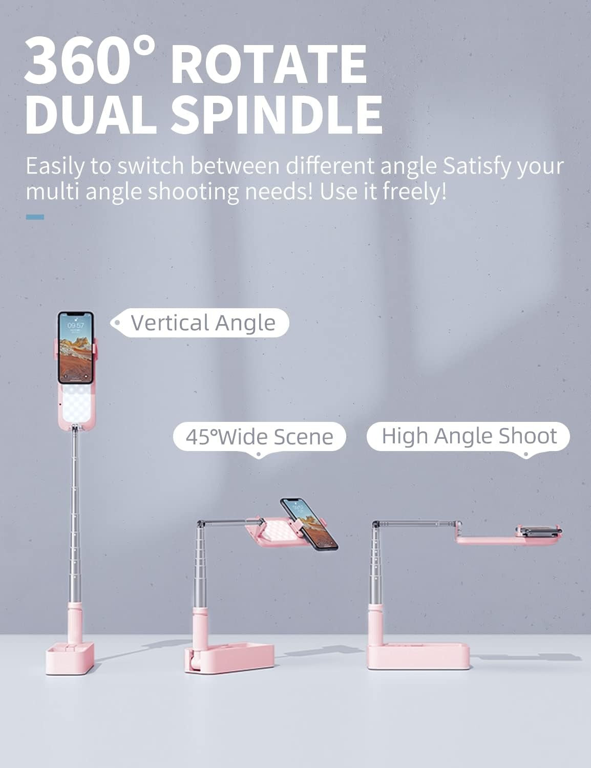 Selfie Stand with 360° Rotates Phone Holder, Foldable/Rechargeable/Wireless/Overhead Recording with 1000mah Battery for Live Stream/Make up/YouTube/Tiktok/Vlog, 7 Brightness LED Light(Pink)