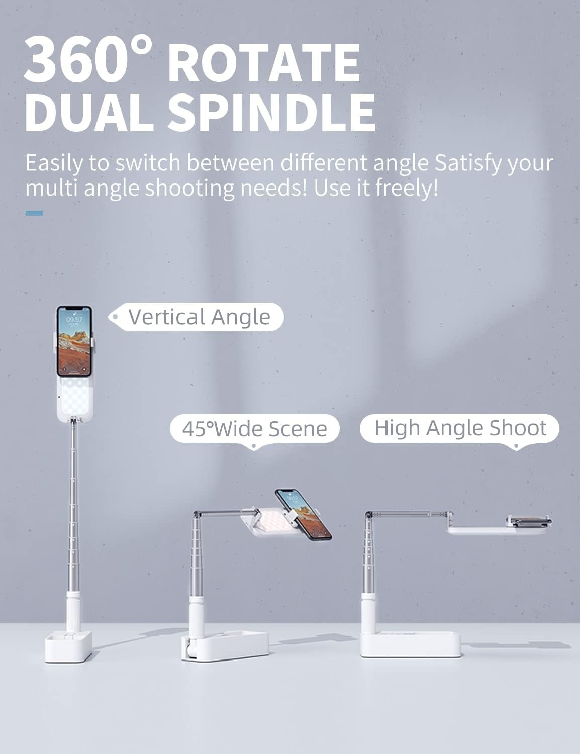 Selfie Stand with 360? Rotates Phone Holder, Foldable/Rechargeable/Wireless/Overhead Recording with 1000mah Battery for Live Stream/Make up/YouTube/