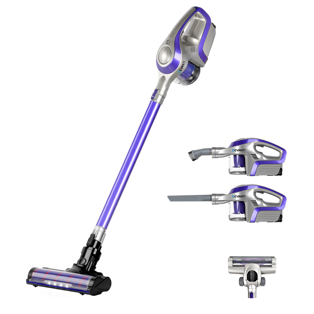 Devanti Cordless 150W Handstick Vacuum Cleaner with Motorized Roller Brush - Purple and Grey