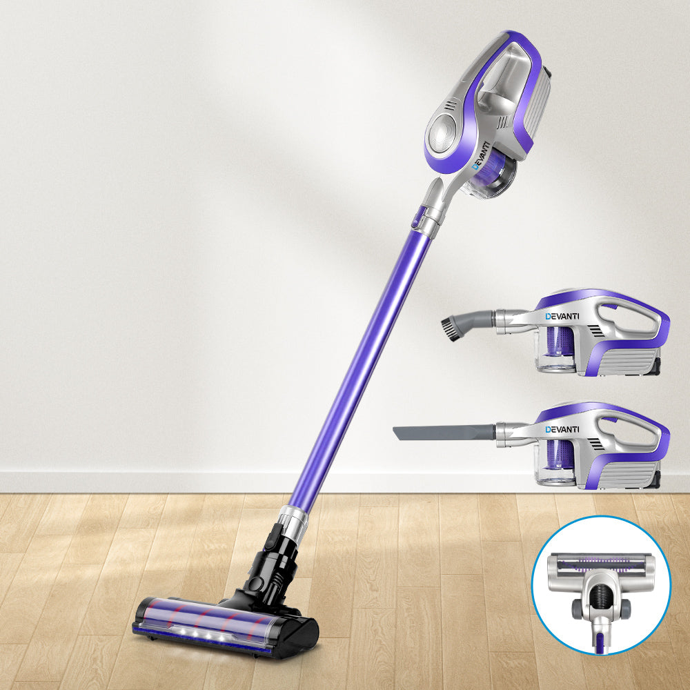 Devanti Cordless 150W Handstick Vacuum Cleaner with Motorized Roller Brush - Purple and Grey