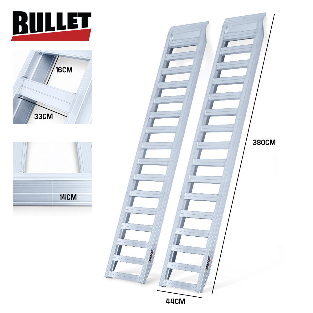 BULLET Pair of 3.8m Aluminium Loading Ramps, 4000kg Total Capacity, Heavy-Duty, Safety Pins, for Car, 4x4, Ride on Mower, ATV, Mini Excavator
