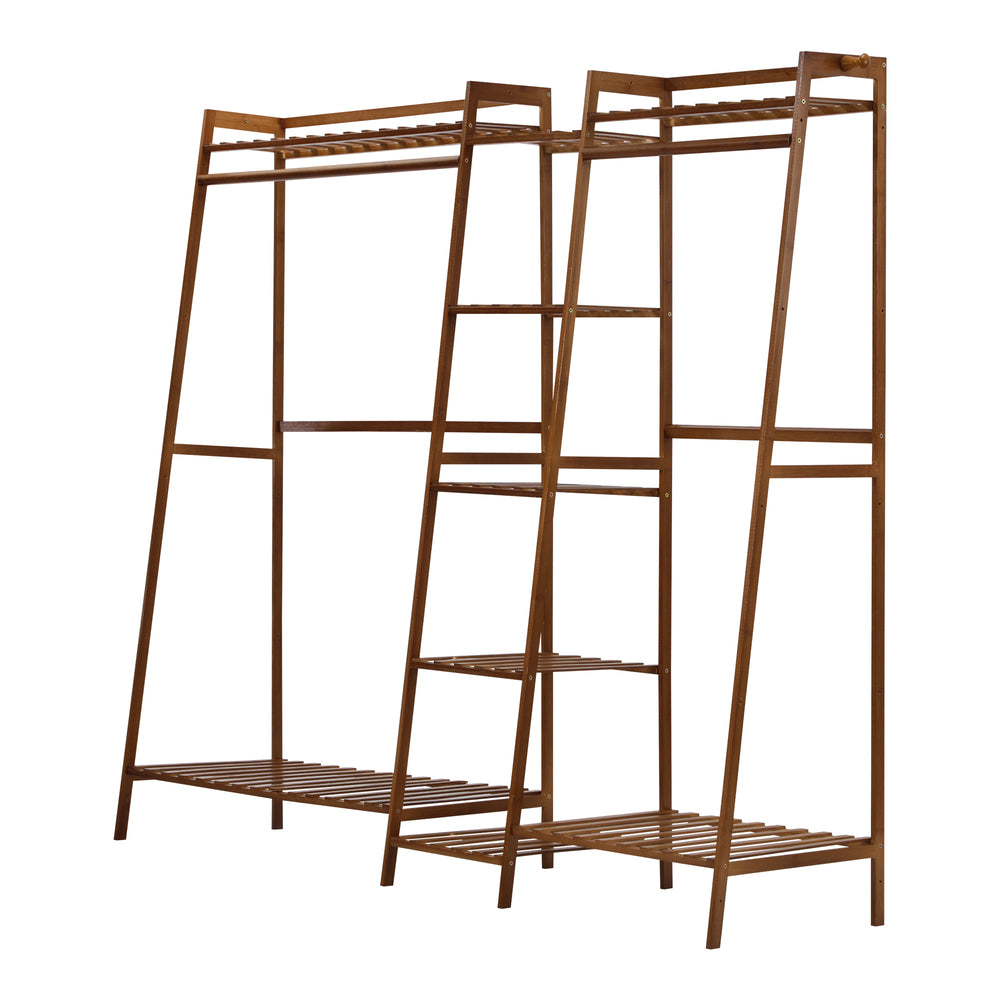 Oikiture Clothes Rack Open Wardrobe Hanging Rail Bamboo 9 Shelves