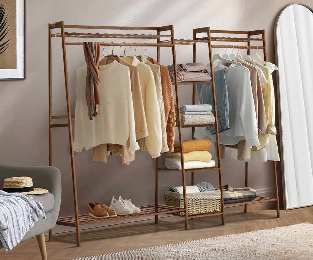 Oikiture Clothes Rack Open Wardrobe Hanging Rail Bamboo 9 Shelves