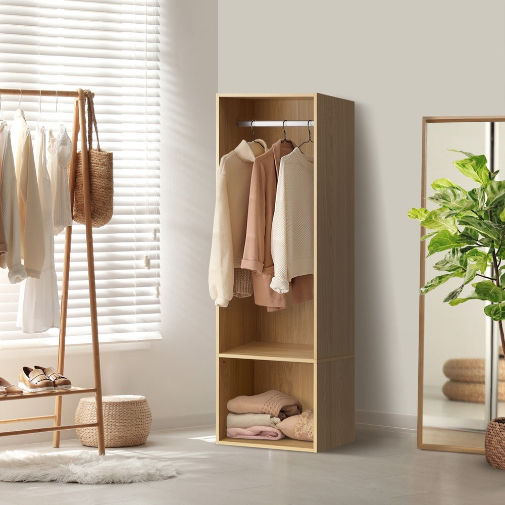 Oikiture Open Wardrobe 2 Shelves Hanging Rail Natural