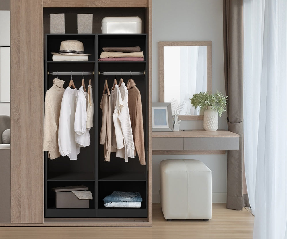 Oikiture Open Wardrobe Shelf Unit 3 Shelves Hanging Rail Black