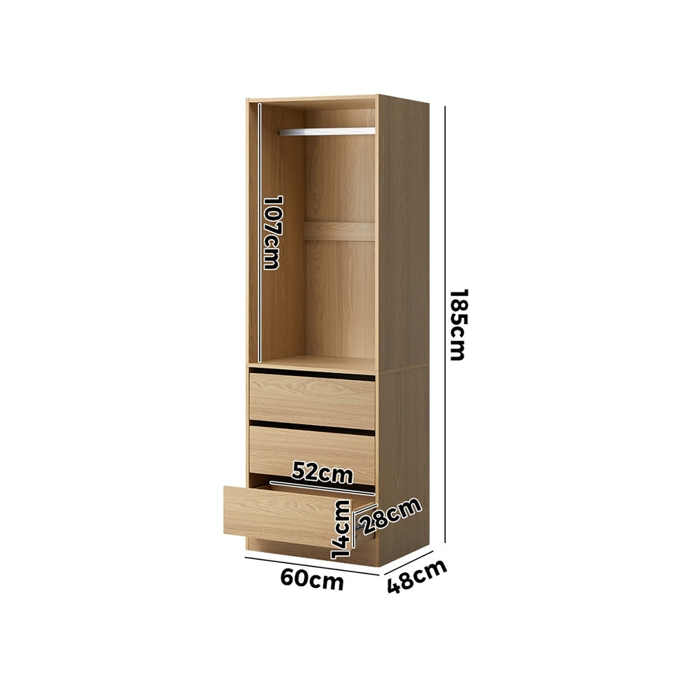 Oikiture Wardrobe 3 Drawers Hanging Rail Natural
