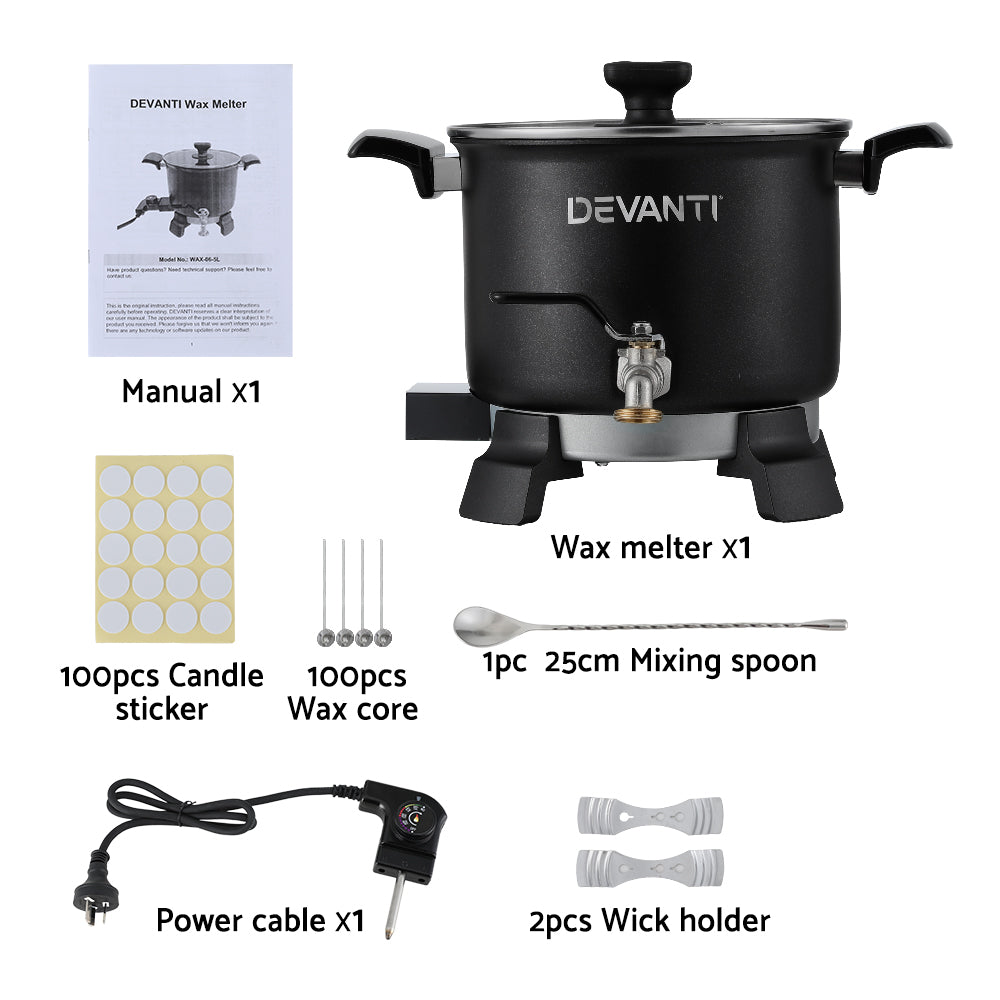 Devanti 5L Candle Wax Melter with Quick Pour Spout and Safety Features - 1200W Electric Melting Pot for Soy and Soap Making