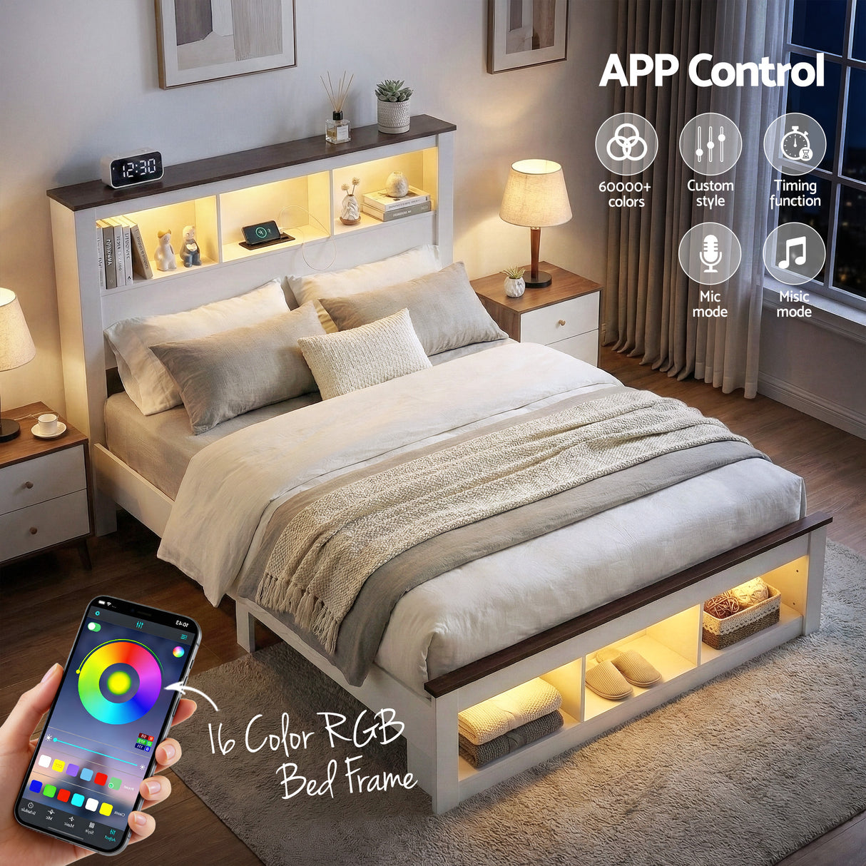 Artiss Queen Bed Frame with Storage Bookcase Headboard and Footboard White Wooden Platform Bed with Charging Station and Led Light Bedroom Furniture